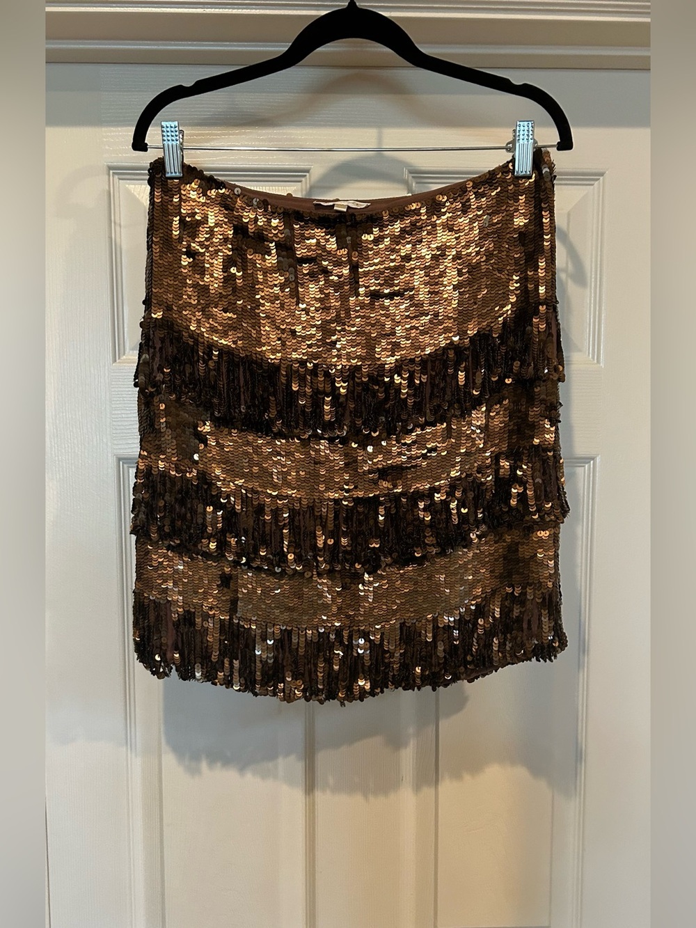 Gold Hawk Gold/Brown Sequin Fringe Mini Skirt, Sz M, EUC